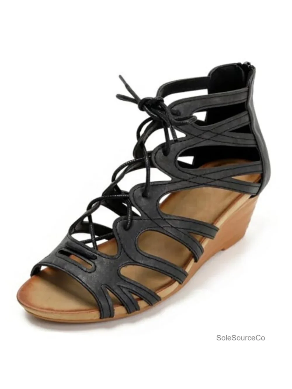 Women's Faux Leather Hollow Wedge Roman Sandals with Back Zipper Comfortable